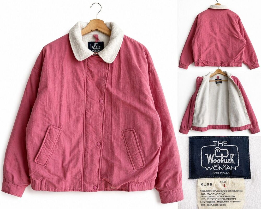 Vintage Woolrich Women’s Large Pink Bomber Jacket Fleece Lined Collar